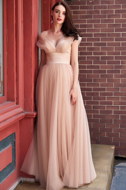 A-line V-neck Sleeveless Full Length Tulle Promo Dresses