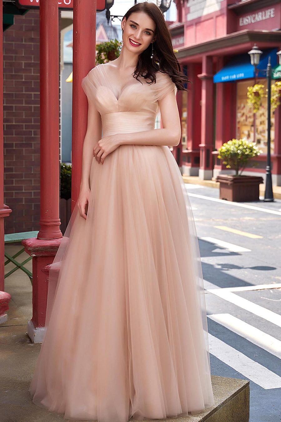 A-line V-neck Sleeveless Full Length Tulle Promo Dresses