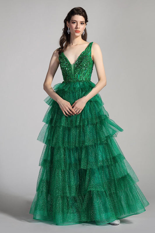 A-line V-neck Sleeveless Full Length Tulle Promo Dresses