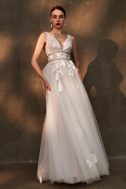 A-line V-neck Sleeveless Full Length Tulle Wedding Dresses