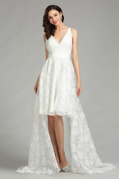 A-line V-neck Sleeveless High Low Lace Wedding Dresses