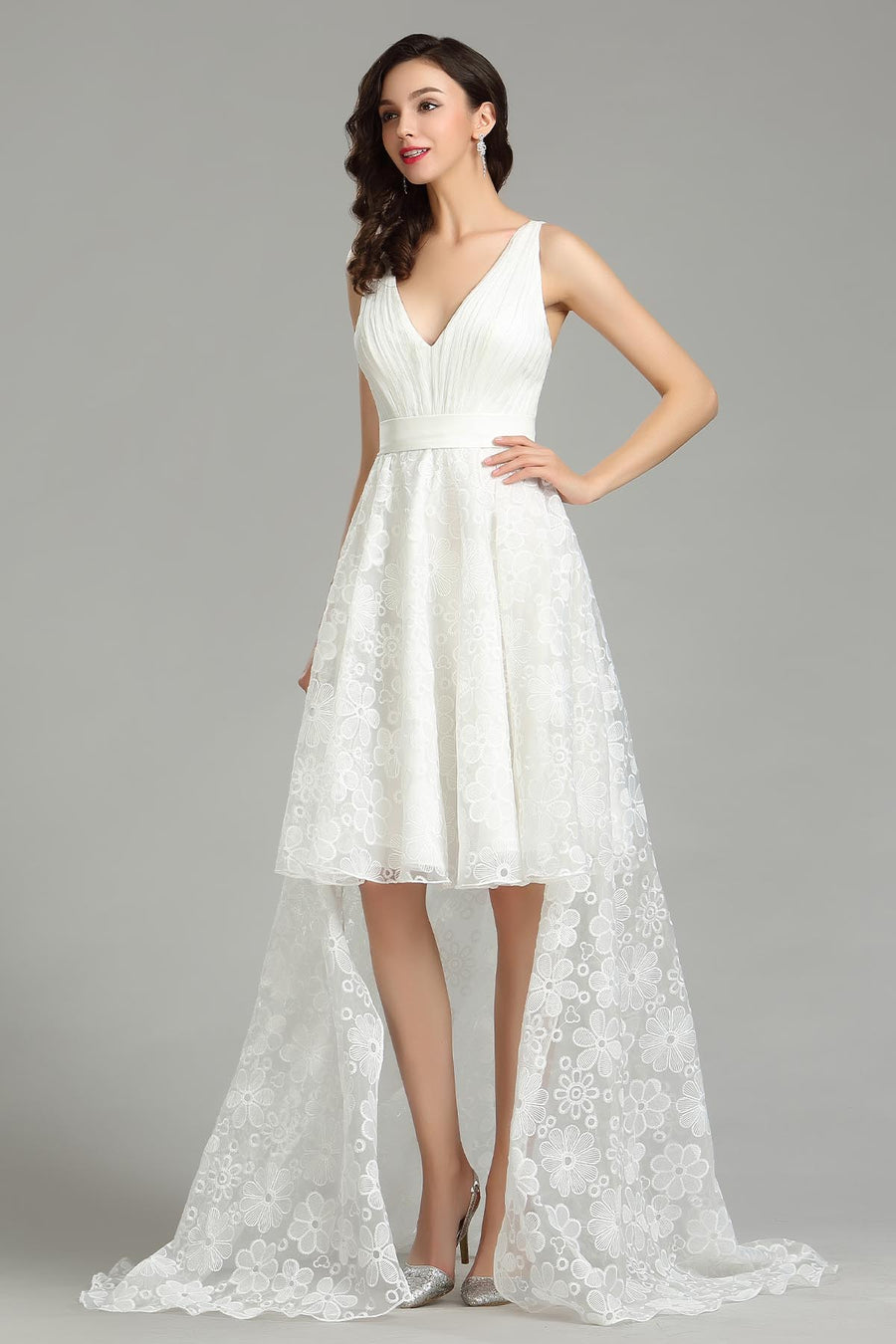 A-line V-neck Sleeveless High Low Lace Wedding Dresses