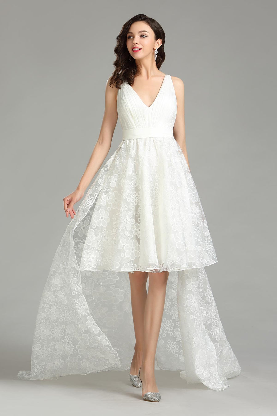 A-line V-neck Sleeveless High Low Lace Wedding Dresses