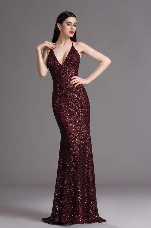 Empire Waist V-neck Sleeveless Full Length Sequined Promo Dresses