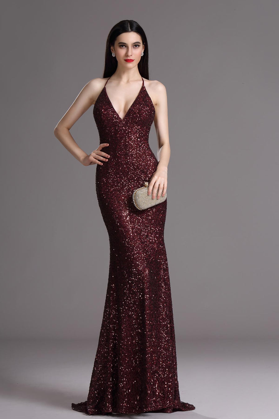 Empire Waist V-neck Sleeveless Full Length Sequined Promo Dresses