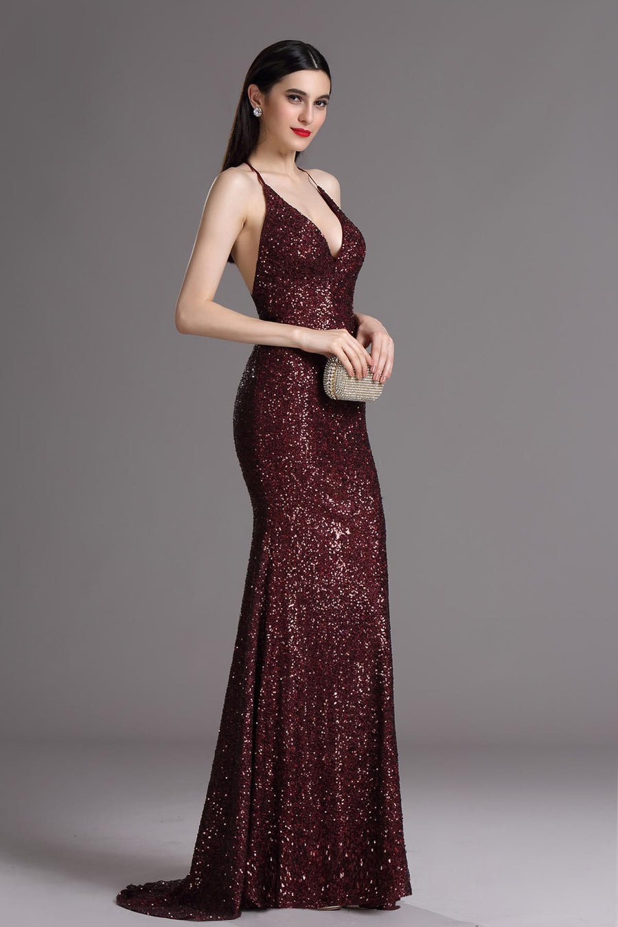 Empire Waist V-neck Sleeveless Full Length Sequined Promo Dresses