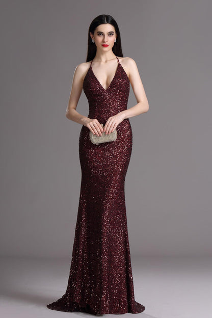 Empire Waist V-neck Sleeveless Full Length Sequined Promo Dresses