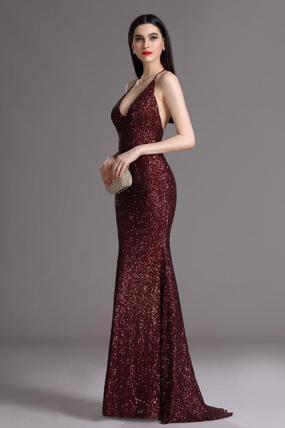Empire Waist V-neck Sleeveless Full Length Sequined Promo Dresses