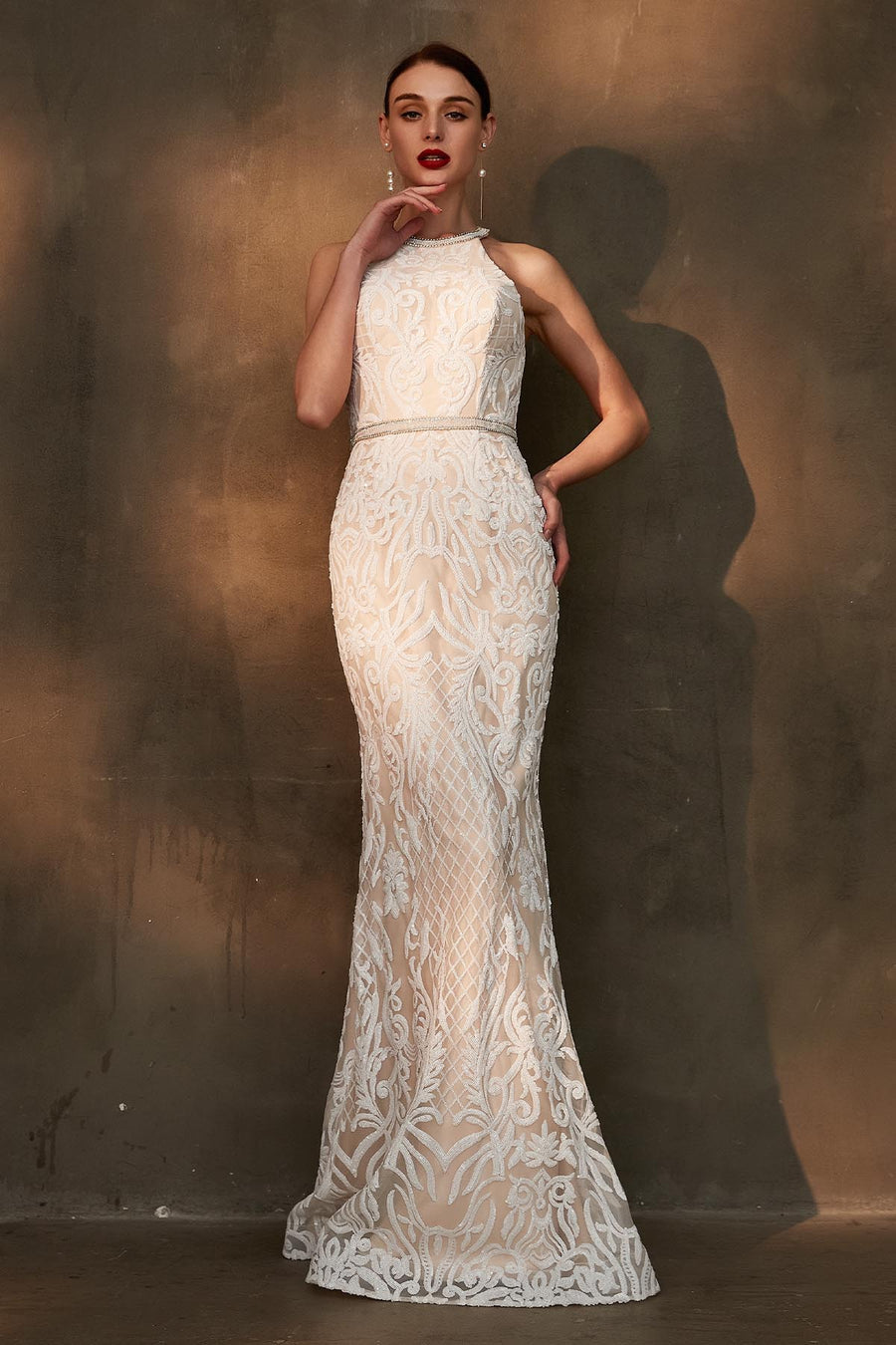 Mermaid/Trumpet Halter Sleeveless Full Length Lace Wedding Dresses