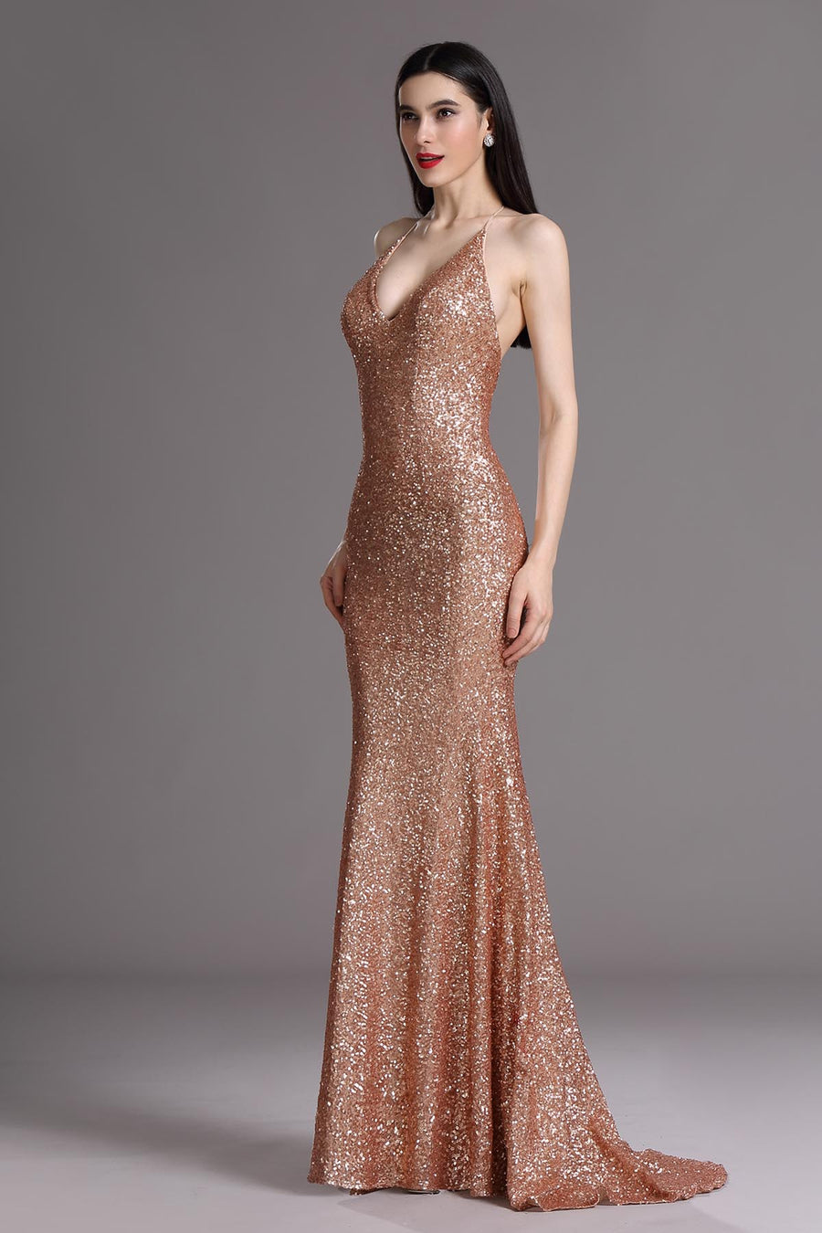 Mermaid/Trumpet Halter Sleeveless Full Length Sequined Promo Dresses
