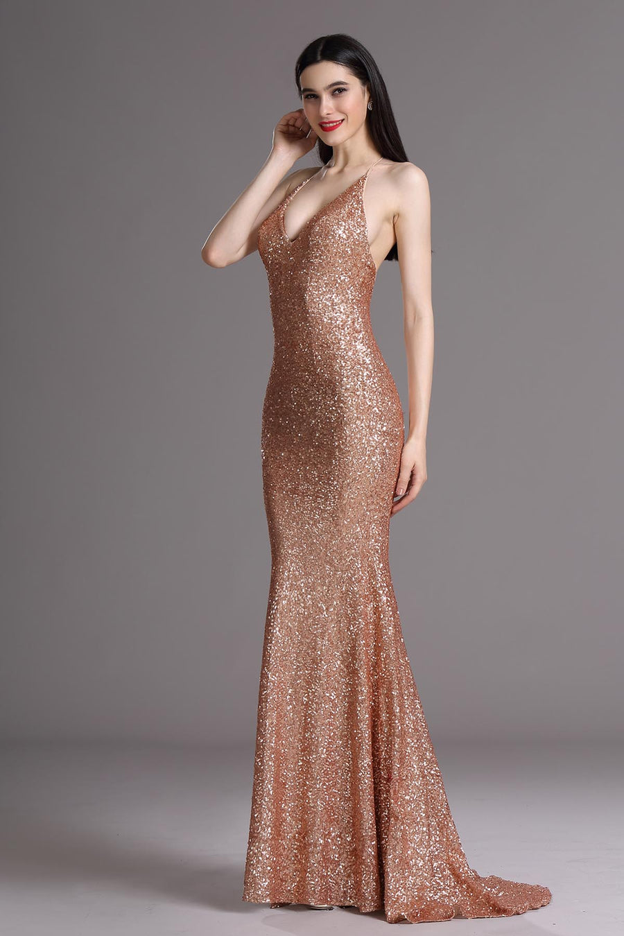 Mermaid/Trumpet Halter Sleeveless Full Length Sequined Promo Dresses