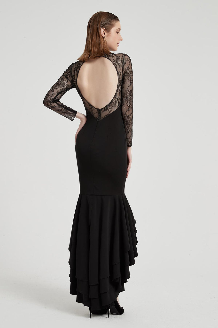 Mermaid/Trumpet Round Long Sleeves Tea Length Lace Promo Dresses