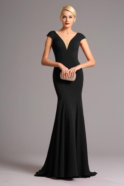 Mermaid/Trumpet V-neck Cap Sleeves Full Length Chiffon Promo Dresses