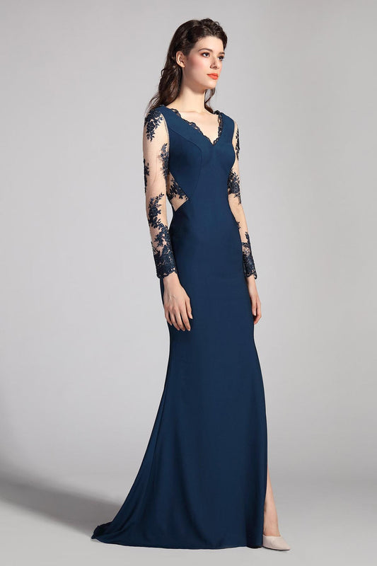 Mermaid/Trumpet V-neck Long Sleeves Full Length Lace Promo Dresses
