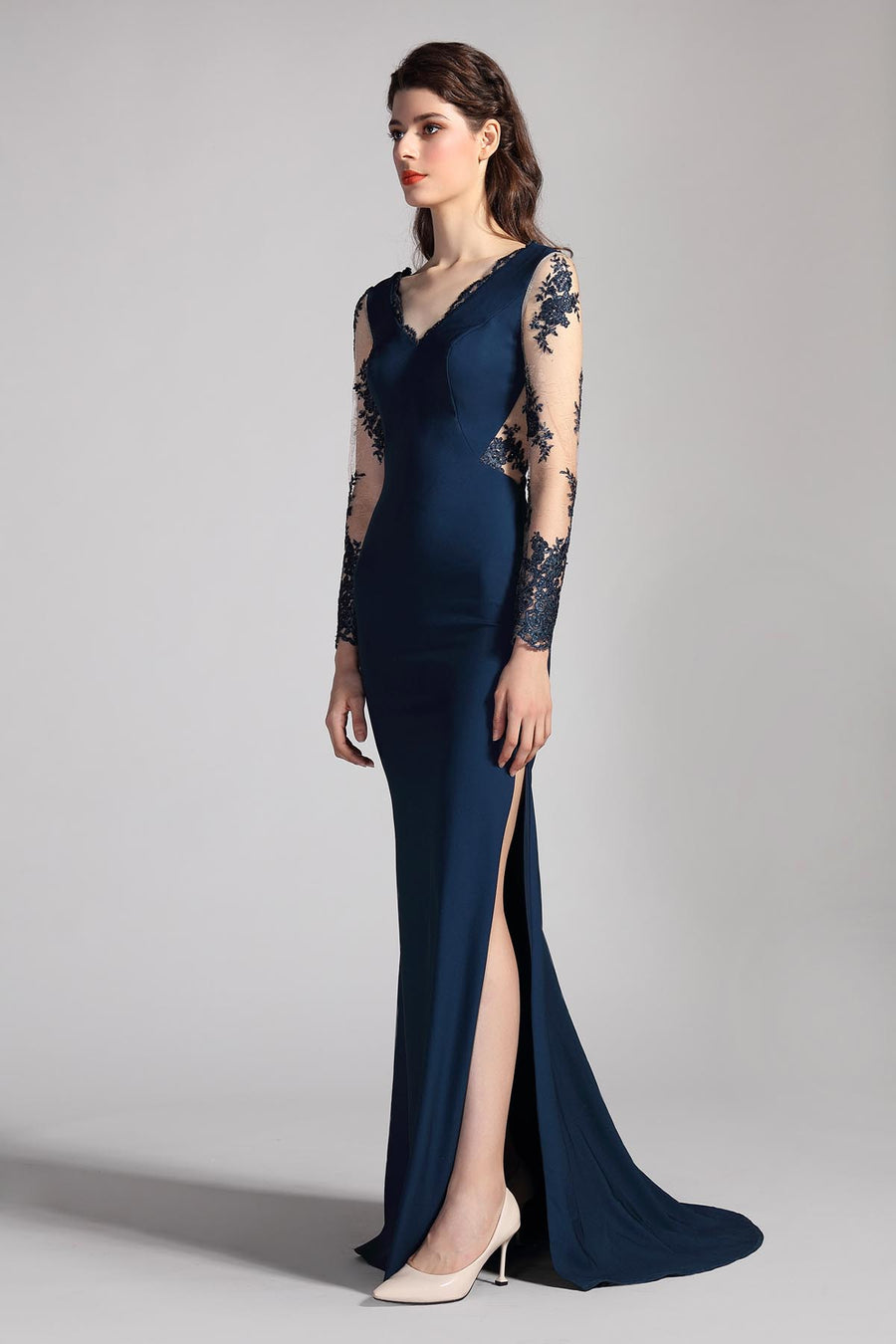 Mermaid/Trumpet V-neck Long Sleeves Full Length Lace Promo Dresses
