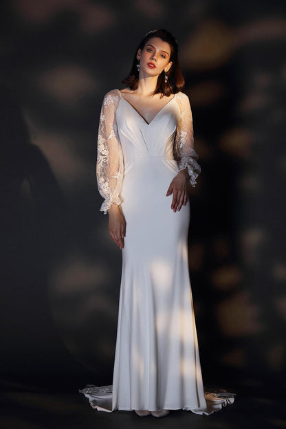 Mermaid/Trumpet V-neck Long Sleeves Full Length Lace Wedding Dresses