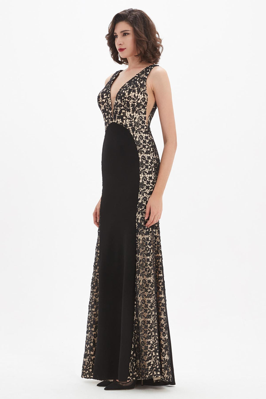 Mermaid/Trumpet V-neck Sleeveless Full Length Lace Promo Dresses