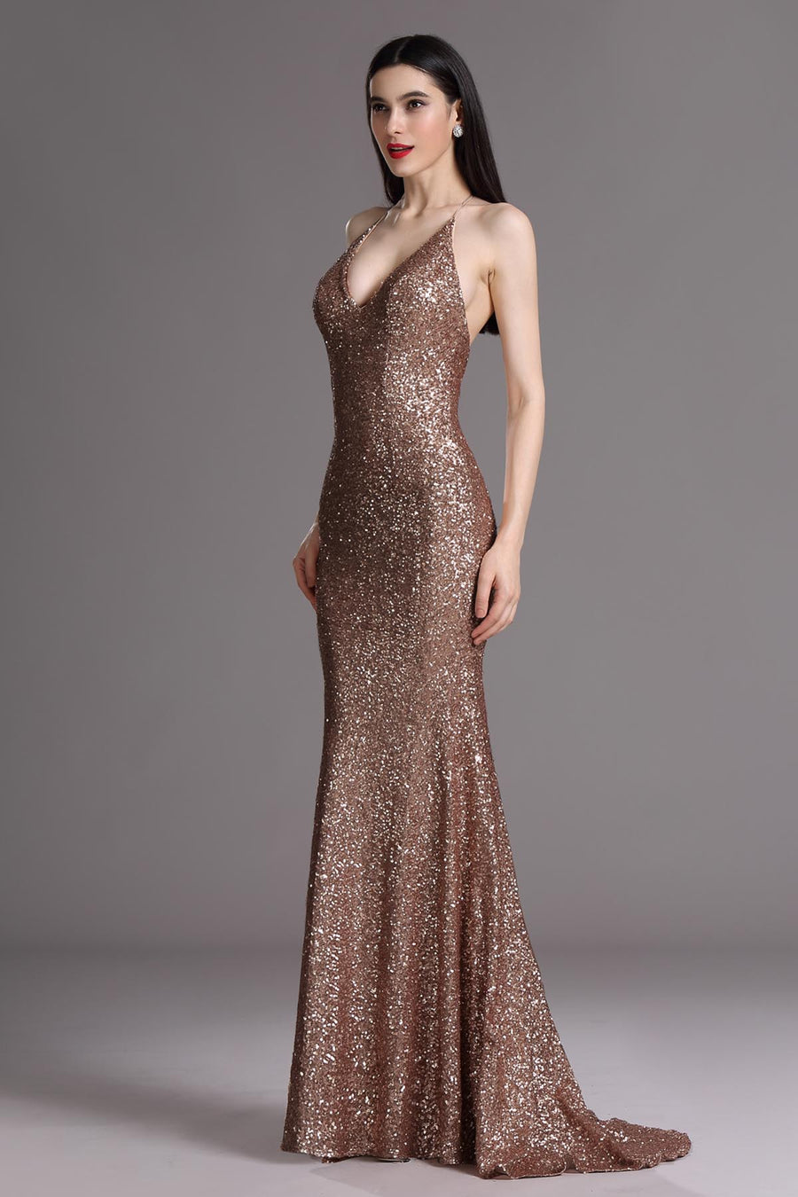 Mermaid/Trumpet V-neck Sleeveless Full Length Sequined Promo Dresses