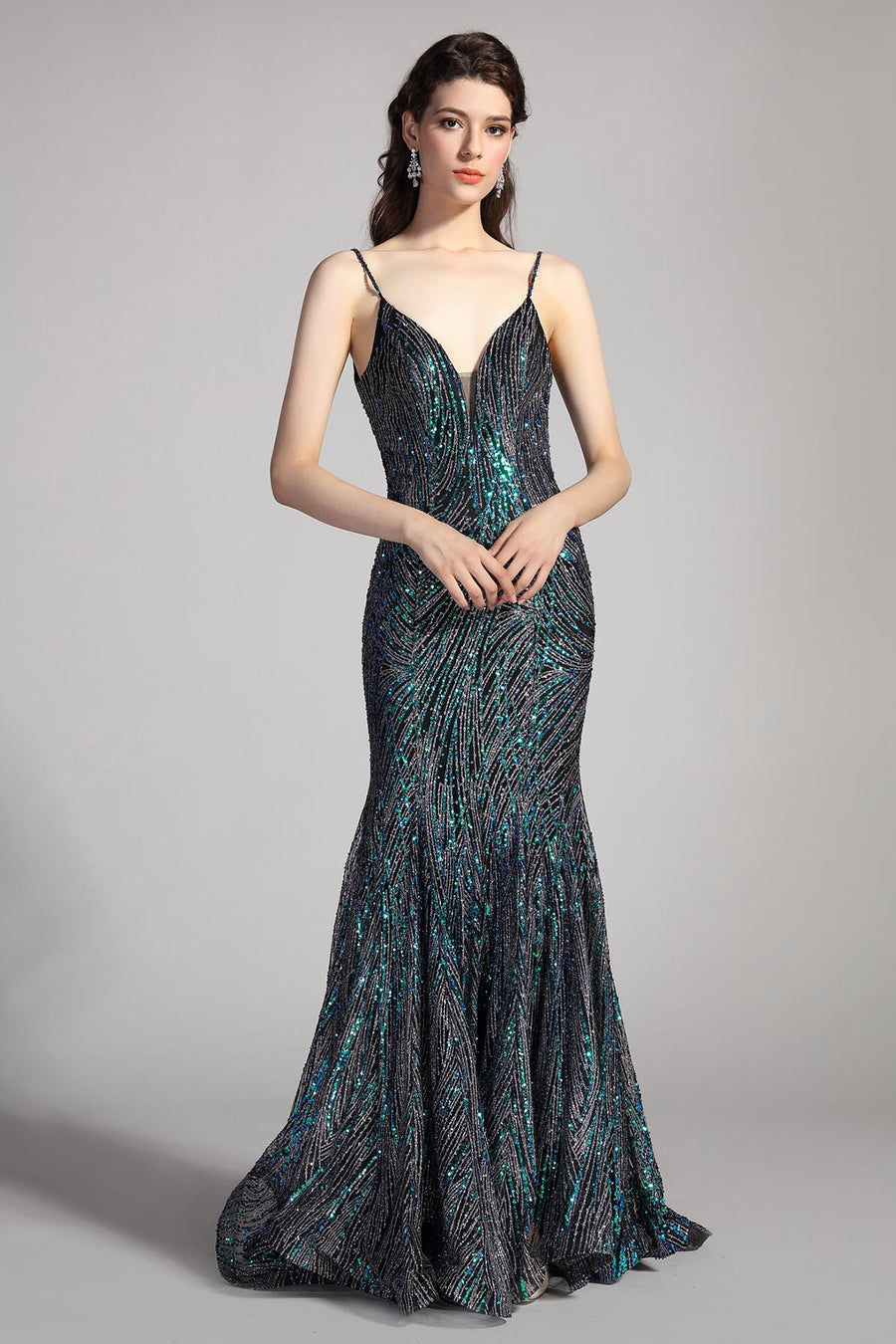 Mermaid/Trumpet V-neck Sleeveless Full Length Sequined Promo Dresses