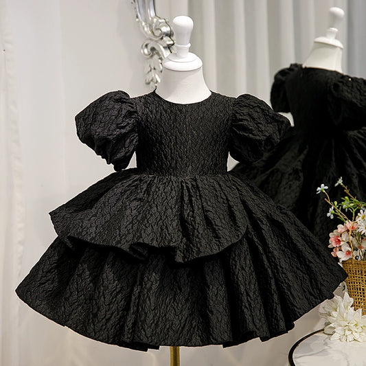 Princess Black Satin Back Zip Baptism Cascading Ruffles Tea Length Short Sleeve Puff Sleeve Round Flower Girl Dress