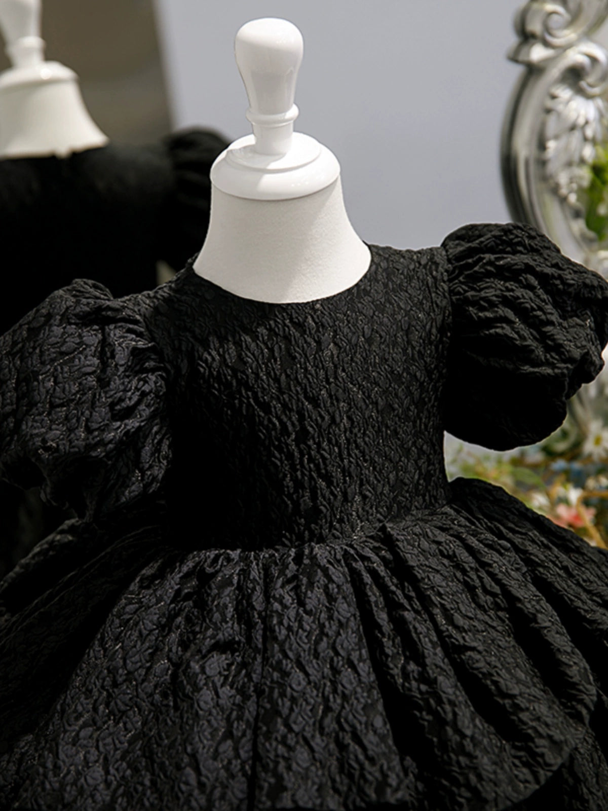 Princess Black Satin Back Zip Baptism Cascading Ruffles Tea Length Short Sleeve Puff Sleeve Round Flower Girl Dress