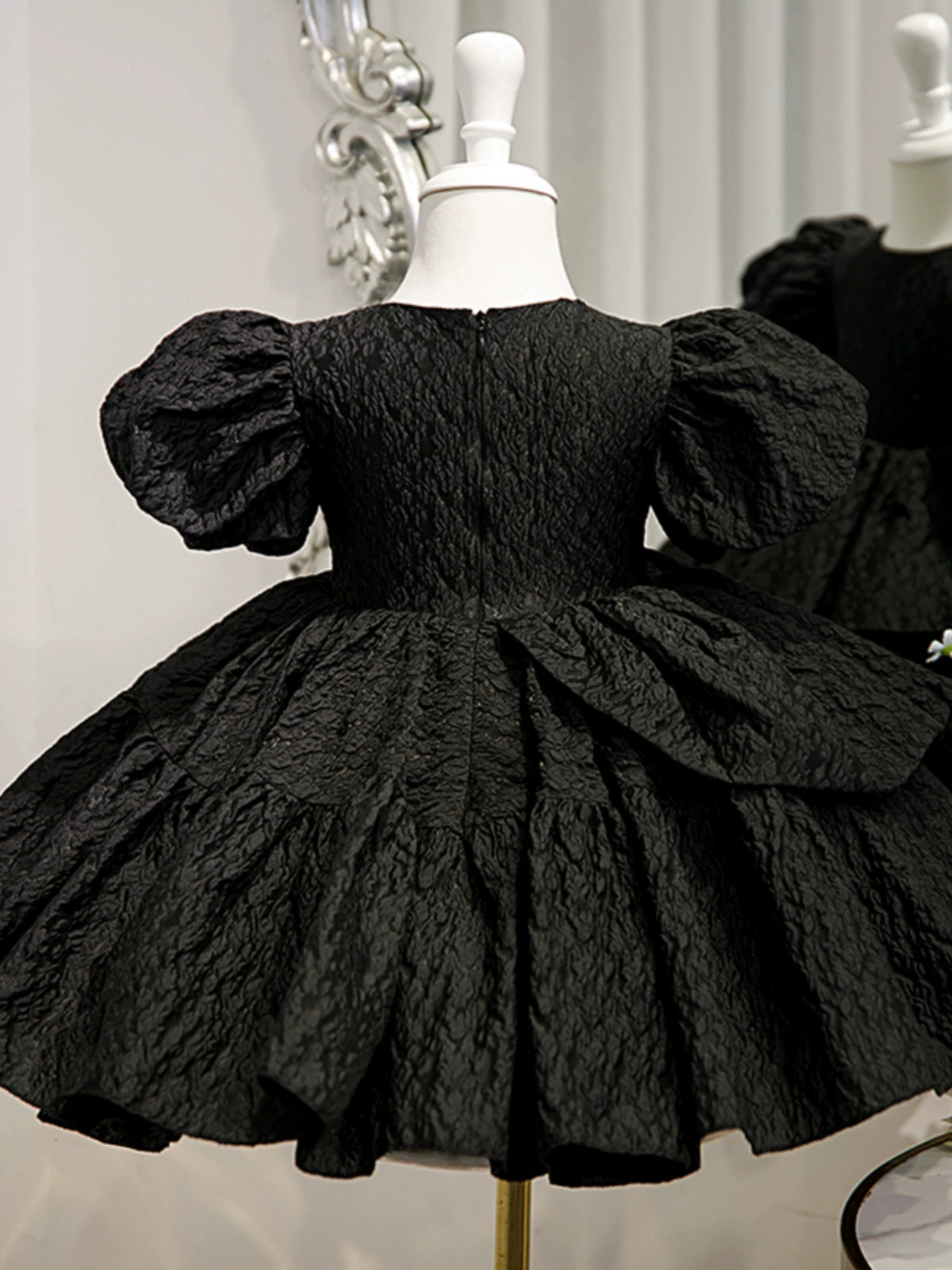 Princess Black Satin Back Zip Baptism Cascading Ruffles Tea Length Short Sleeve Puff Sleeve Round Flower Girl Dress