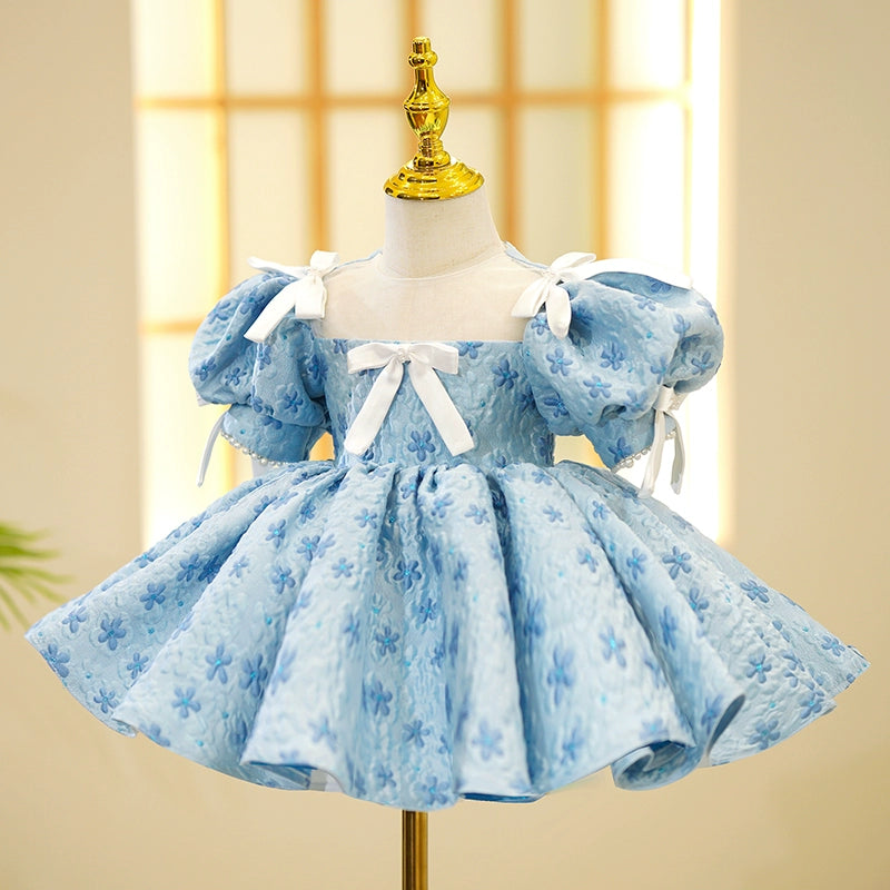 Princess Blue Satin Back Zip Baptism Bow(s) Tea Length Short Sleeve Puff Sleeve Round Flower Girl Dress