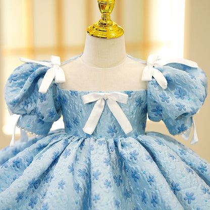 Princess Blue Satin Back Zip Baptism Bow(s) Tea Length Short Sleeve Puff Sleeve Round Flower Girl Dress