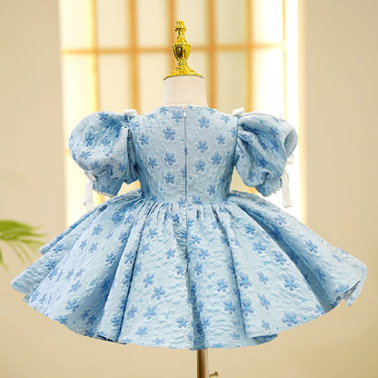 Princess Blue Satin Back Zip Baptism Bow(s) Tea Length Short Sleeve Puff Sleeve Round Flower Girl Dress