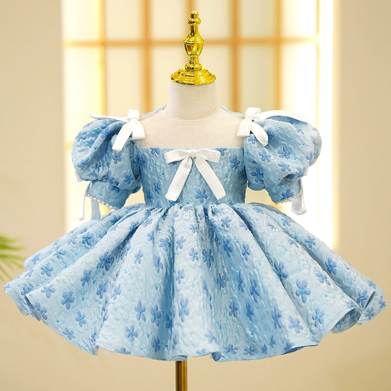 Princess Blue Satin Back Zip Baptism Bow(s) Tea Length Short Sleeve Puff Sleeve Round Flower Girl Dress