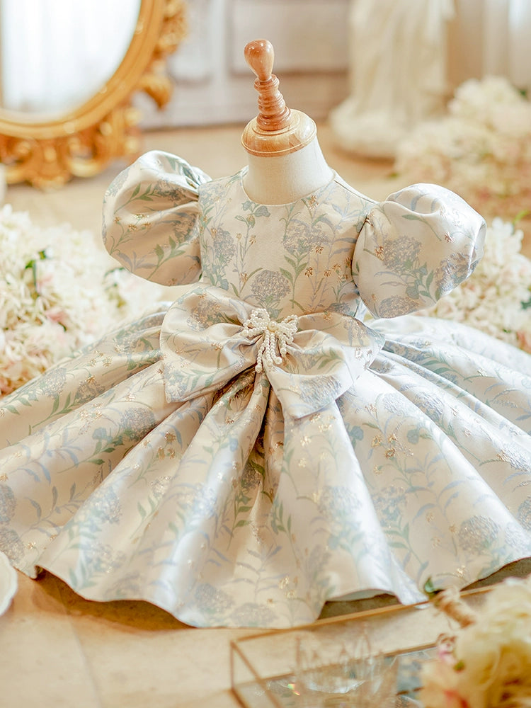 Princess Blue Satin Back Zip Baptism Bow(s) Tea Length Short Sleeve Puff Sleeve Round Flower Girl Dress