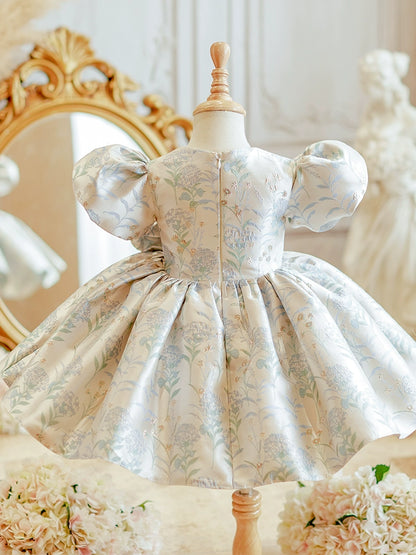 Princess Blue Satin Back Zip Baptism Bow(s) Tea Length Short Sleeve Puff Sleeve Round Flower Girl Dress