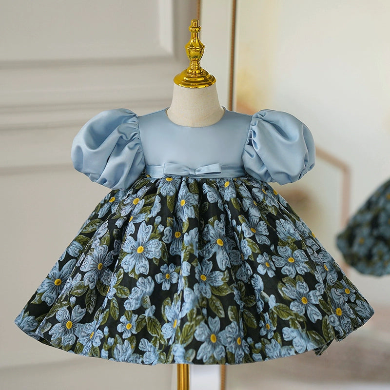 Princess Blue Satin Back Zip Baptism Flower(s) Tea Length Short Sleeve Puff Sleeve Round Flower Girl Dress