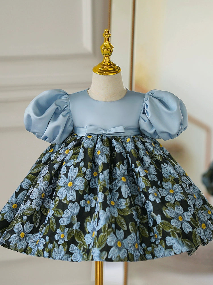 Princess Blue Satin Back Zip Baptism Flower(s) Tea Length Short Sleeve Puff Sleeve Round Flower Girl Dress