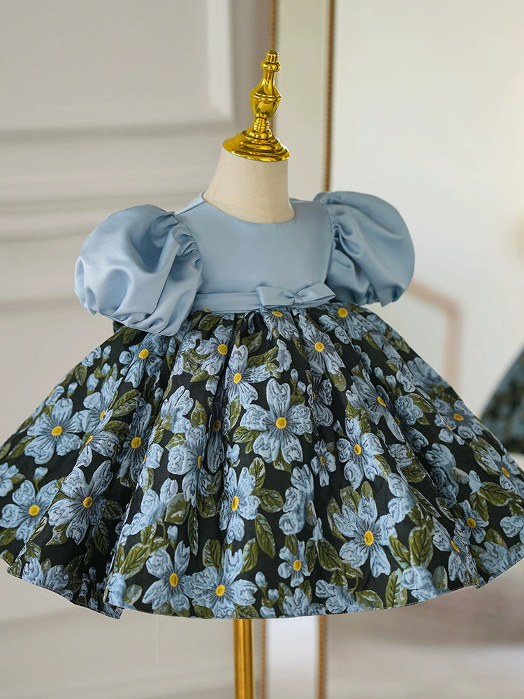 Princess Blue Satin Back Zip Baptism Flower(s) Tea Length Short Sleeve Puff Sleeve Round Flower Girl Dress