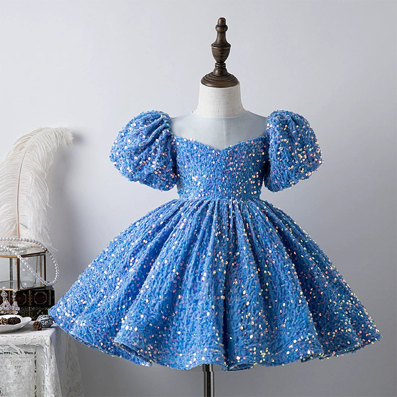 Princess Blue Sequined Back Zip Baptism Sequins Tea Length Short Sleeve Puff Sleeve Round Flower Girl Dress