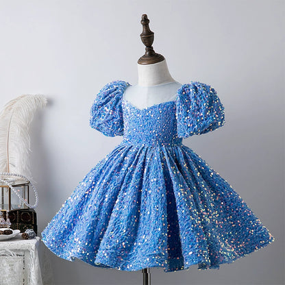 Princess Blue Sequined Back Zip Baptism Sequins Tea Length Short Sleeve Puff Sleeve Round Flower Girl Dress