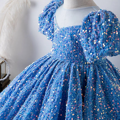 Princess Blue Sequined Back Zip Baptism Sequins Tea Length Short Sleeve Puff Sleeve Round Flower Girl Dress