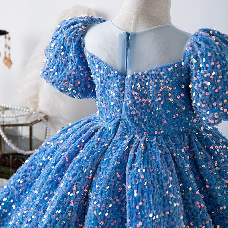 Princess Blue Sequined Back Zip Baptism Sequins Tea Length Short Sleeve Puff Sleeve Round Flower Girl Dress