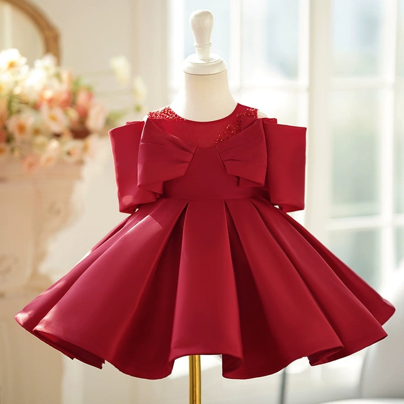 Princess Burgundy Satin Back Zip Baptism Bow(s) Tea Length Sleeveless Cold Shoulder Sleeve Round Flower Girl Dress