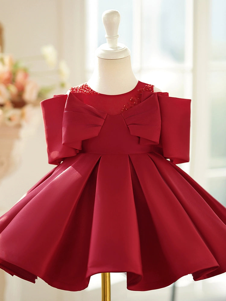 Princess Burgundy Satin Back Zip Baptism Bow(s) Tea Length Sleeveless Cold Shoulder Sleeve Round Flower Girl Dress