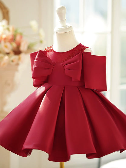 Princess Burgundy Satin Back Zip Baptism Bow(s) Tea Length Sleeveless Cold Shoulder Sleeve Round Flower Girl Dress