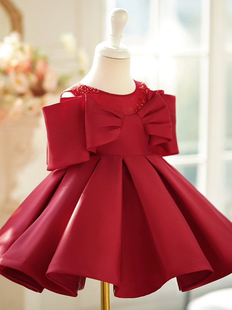 Princess Burgundy Satin Back Zip Baptism Bow(s) Tea Length Sleeveless Cold Shoulder Sleeve Round Flower Girl Dress