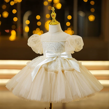 Princess Champagne Chiffon Back Zip Baptism Beaded Tea Length Short Sleeve Puff Sleeve Round Flower Girl Dress