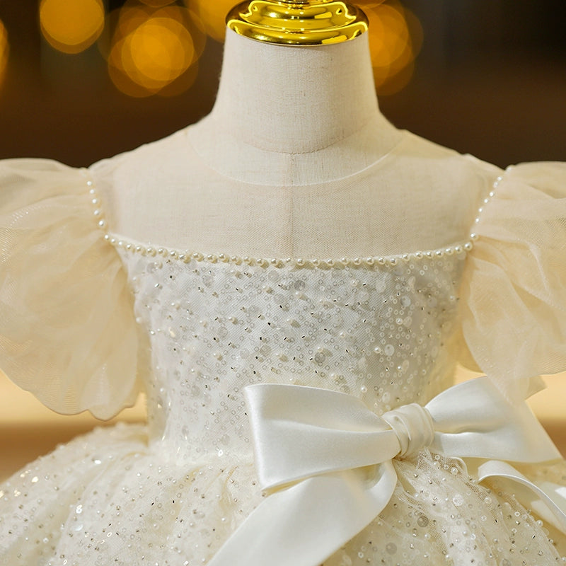 Princess Champagne Chiffon Back Zip Baptism Beaded Tea Length Short Sleeve Puff Sleeve Round Flower Girl Dress