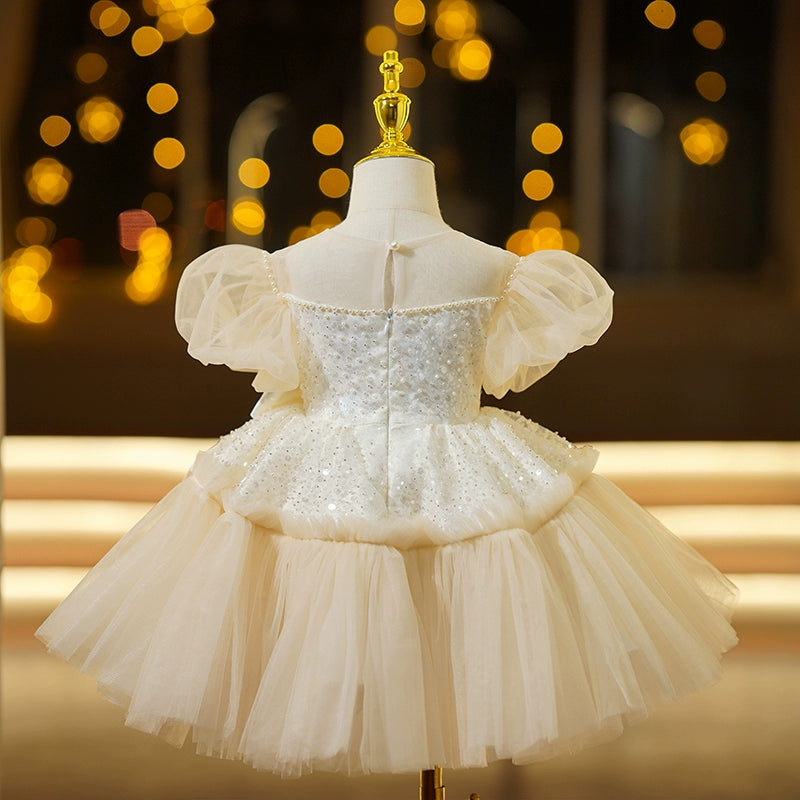 Princess Champagne Chiffon Back Zip Baptism Beaded Tea Length Short Sleeve Puff Sleeve Round Flower Girl Dress