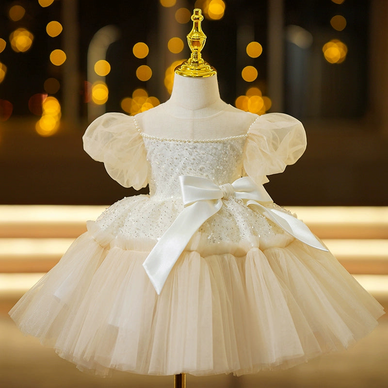 Princess Champagne Chiffon Back Zip Baptism Beaded Tea Length Short Sleeve Puff Sleeve Round Flower Girl Dress