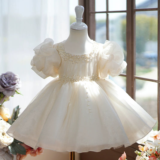 Princess Champagne Organza Back Zip Baptism Bow(s) Tea Length Short Sleeve Puff Sleeve Square Flower Girl Dress