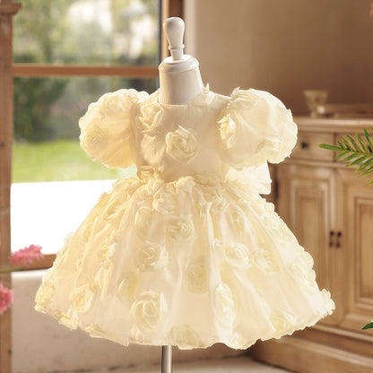 Princess Champagne Organza Back Zip Baptism Flower(s) Tea Length Short Sleeve Puff Sleeve Round Flower Girl Dress