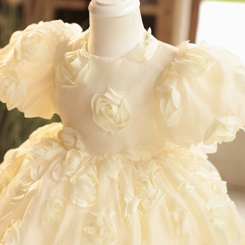 Princess Champagne Organza Back Zip Baptism Flower(s) Tea Length Short Sleeve Puff Sleeve Round Flower Girl Dress